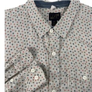 CPO Provisions Shirt Mens L Beige Geometric Cotton Twill Long Sleeve Button Up